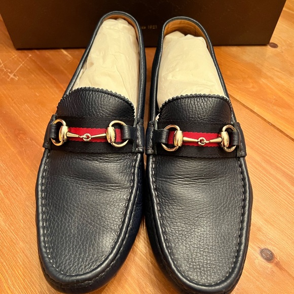 Mens Like New Navy Pebbled Leather Gucci Horsebit Driving Shoe w/ box size 8.5 - Picture 2 of 9